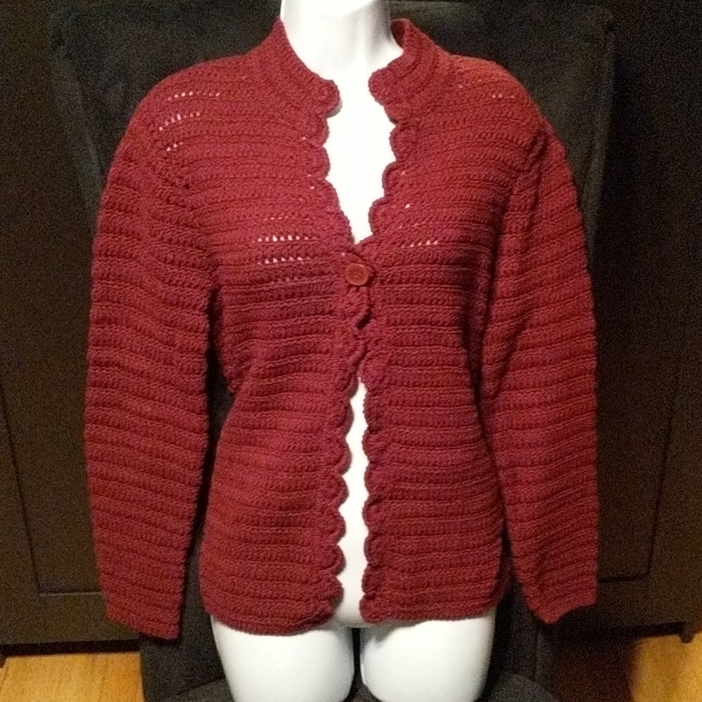 i.e. relaxed maroon crocheted sweater cardigan